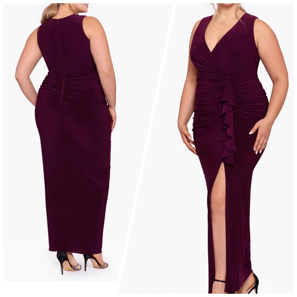 NWT Betsy and Adam “Bobbi” Long Ruffled V Neck Wine Dress size 16W